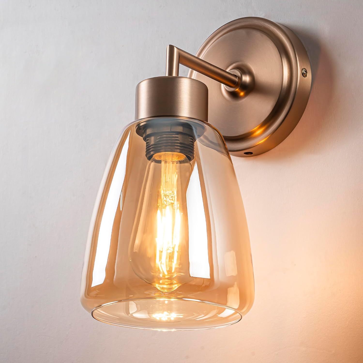 Amber Glass Wall Light Dia 6" Wall Lamp with Oval Glass Shade Vintage Vanity Lighting Fixture with Metal Base Flush Mount Wall Sconce 1-Light for Bathroom, Bedroom, Bedside, Entryway