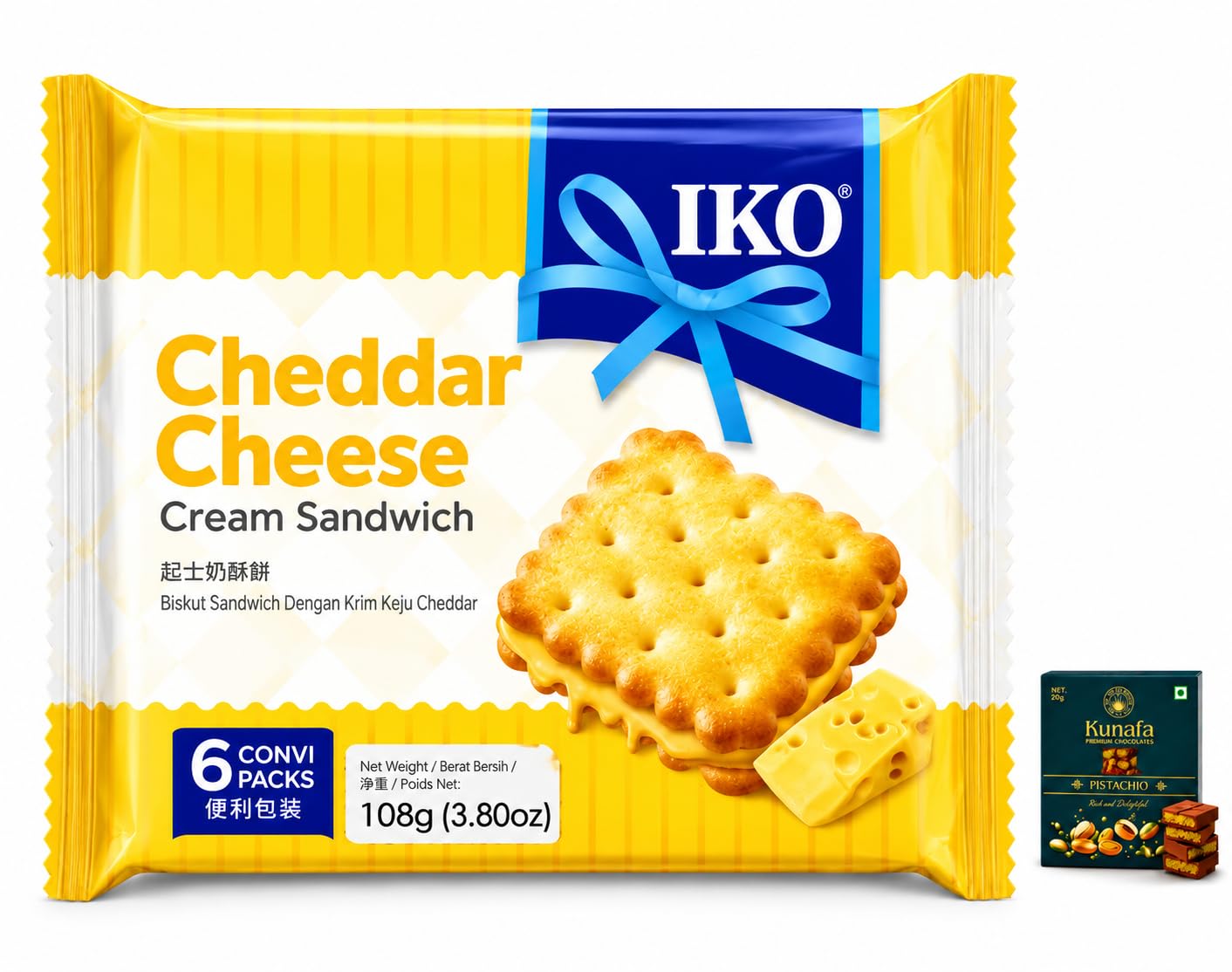 IKO'S Cheddar Cheese Cream Sandwich Biscuits 108g with Free Flavourito Kunafa Pistachio Chocolate Bar, 20g By Decadent Foods-image-28