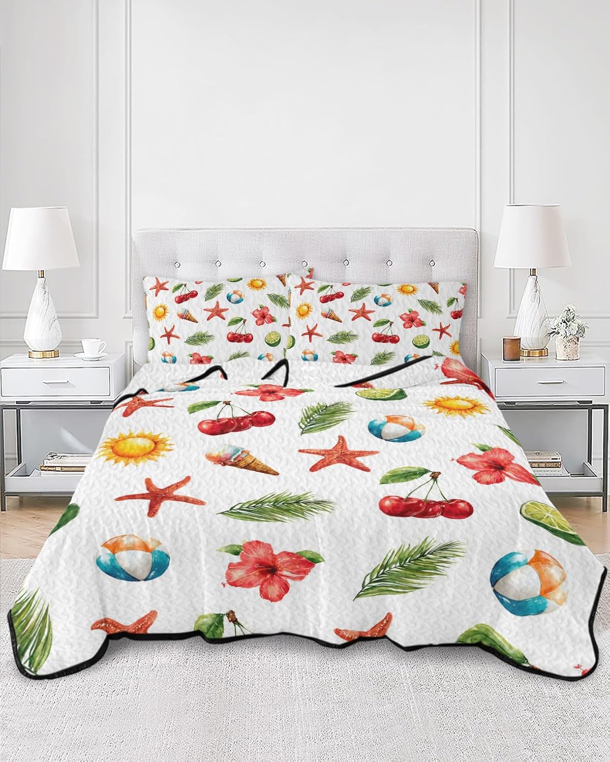 King Size Quilt Set, Summer Cherry Starfish Lightweight Bedspread Coverlet Set Soft Microfiber Summer Quilt with 2 Pillow Shams, Palm Leaves Beach Ball 3 Piece Comforter Bedding Set