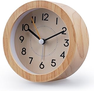 Reloj Despertador Analógico Silencioso - Diseño Madera con Luz Nocturna Suave, para Mesita de Noche, Funciona con Pilas (1x AA Incluida)