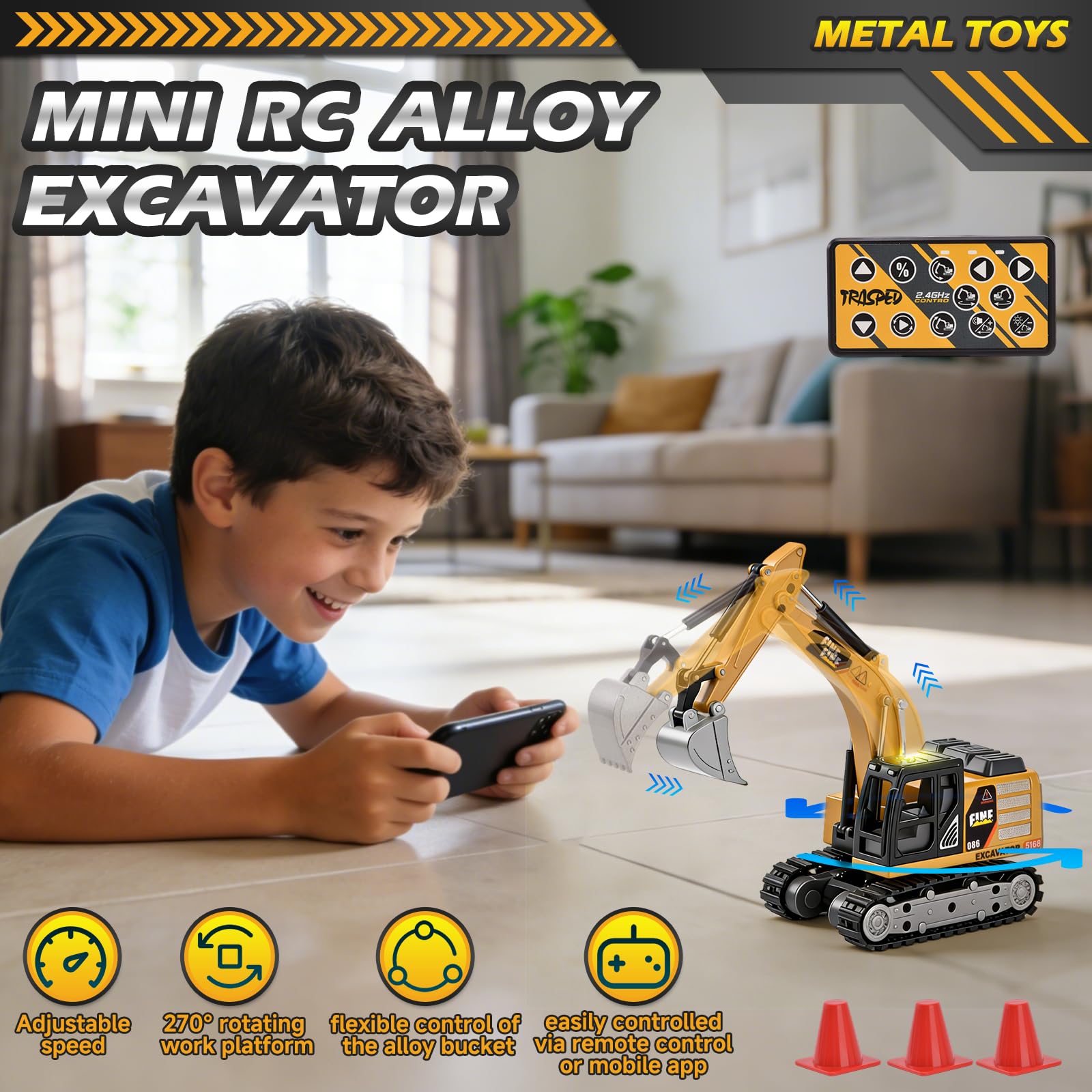 Mini Escavatore Telecomandato, 1:64 Escavatore RC Giocattolo in Metallo con App e Telecomando 2,4 GHz, Luci ed Effetti Sonori, 2 Velocità, Veicolo da Costruzione Telecomandato per Bambini