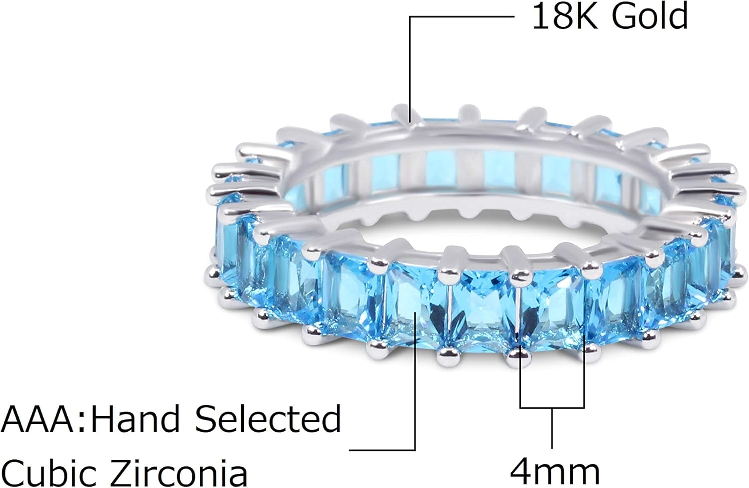 Savlano 18K White Gold Plated Blue Cubic Zirconia 4x4MM Square Princess Cut Eternity Ring Band for Women - Image 4