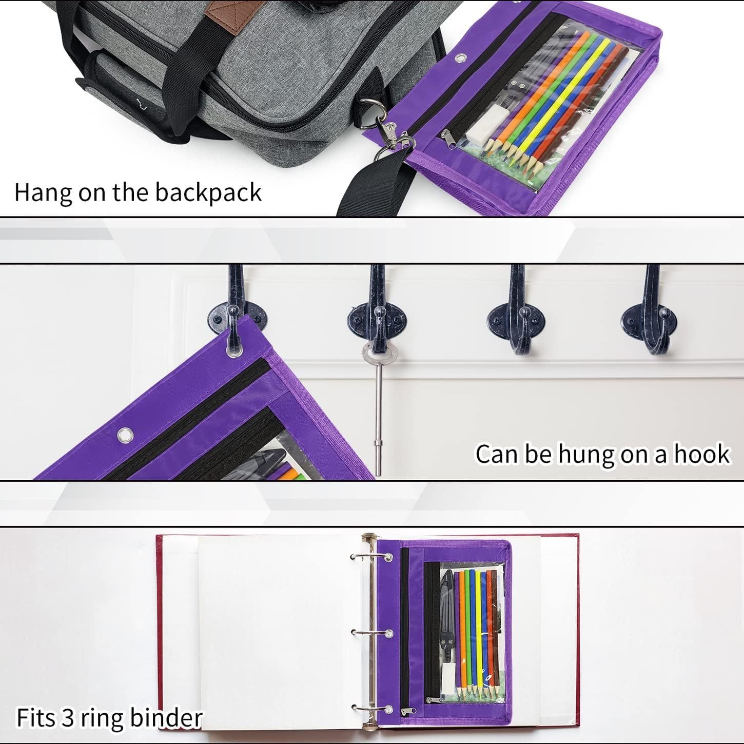YoeeJob Estuche expandible de 1 pulgada para carpeta de 3 anillos, paquete de 18 bolsas de lápices de gran capacidad con cremallera, estuche transparente de tres anillos, adecuado para la escuela y la