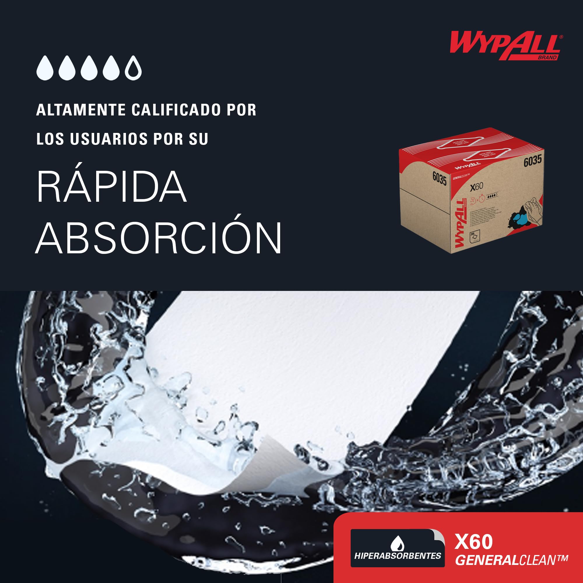 WypAll X60 Paños 6035, 1 Capa, Ligeros y Absorbentes, 1 Caja x 200 Paños (200 total)