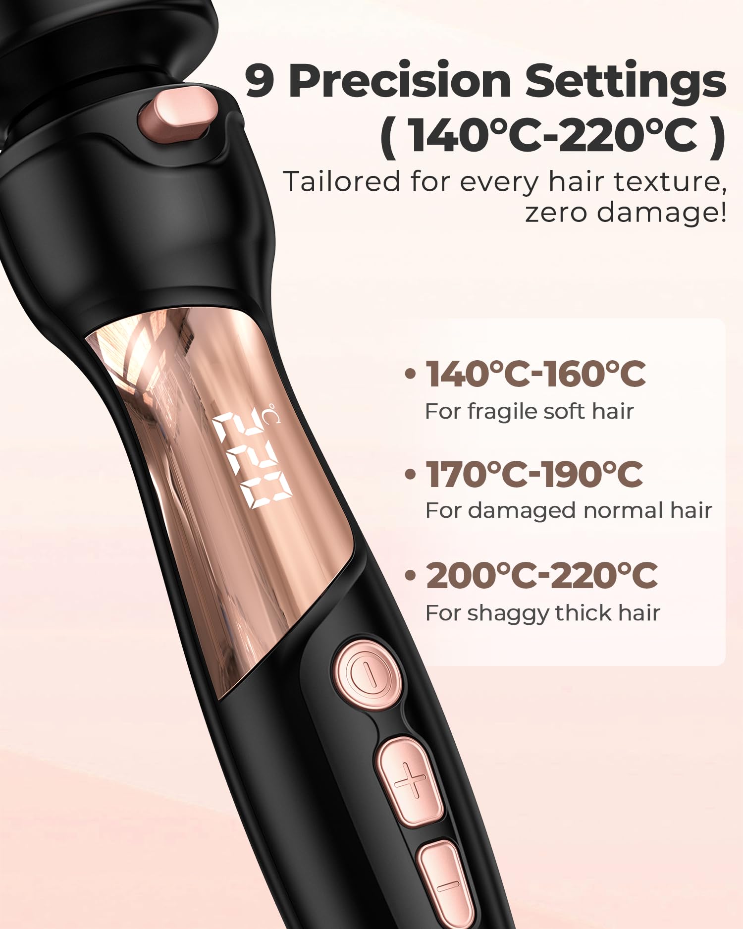 Farery Rizador de pelo térmico de 9 temperaturas Cepillos calientes para cabello medio a grueso y grueso, cepillo de cerámica de calentamiento rápido, cabezales de cepillo intercambiables, con doble