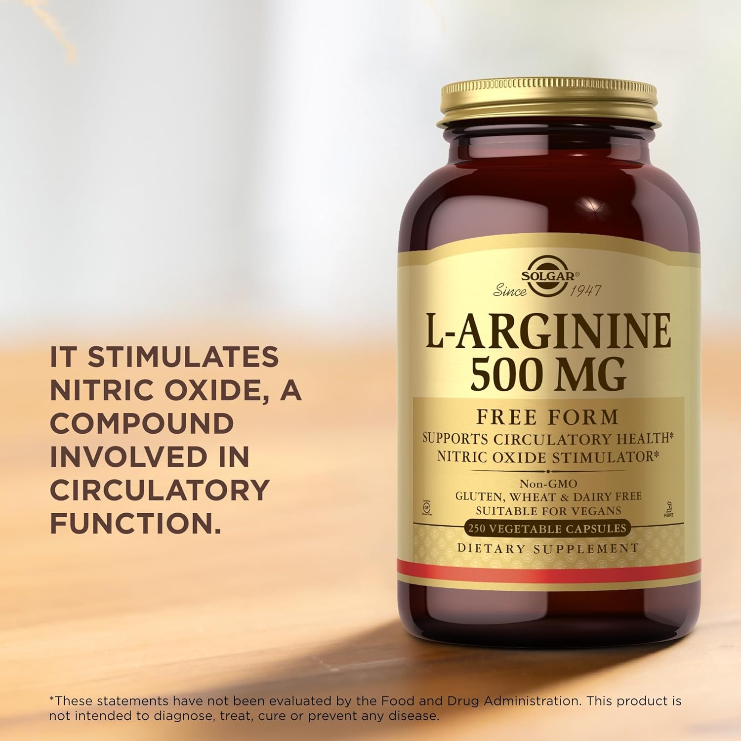 Solgar L-Arginine 500 mg - 250 Vegetable Capsules - Nitric Oxide Stimulator - Non-GMO, Vegan, Gluten Free, Dairy Free, Kosher - 250 Servings