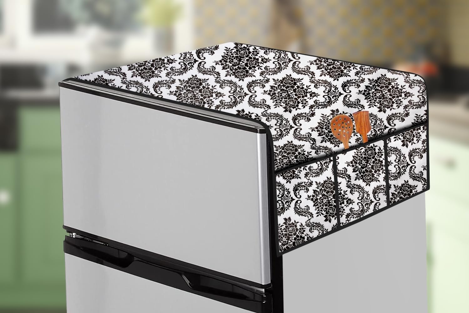 The Furnishing Tree Fridge Top Cover Compatible for Whirlpool 215 VMPRO, 192 LTR WxL 65x111 in CM Damask Pattern offwhite