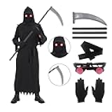 Udekit Grim Reaper Cosplay Costume with Death Scythe, Glowing Glasses and Mask for Halloween Party