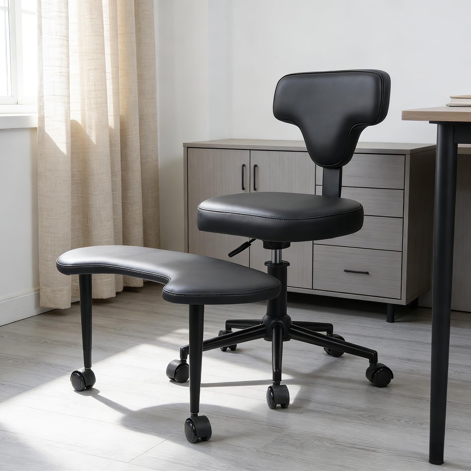 Meditationsstuhl mit Kreuzsitz-Design, fahrbarer Bürostuhl für Erwachsene mit ADHS, höhenverstellbare Lordosenstütze, Schwarz-C