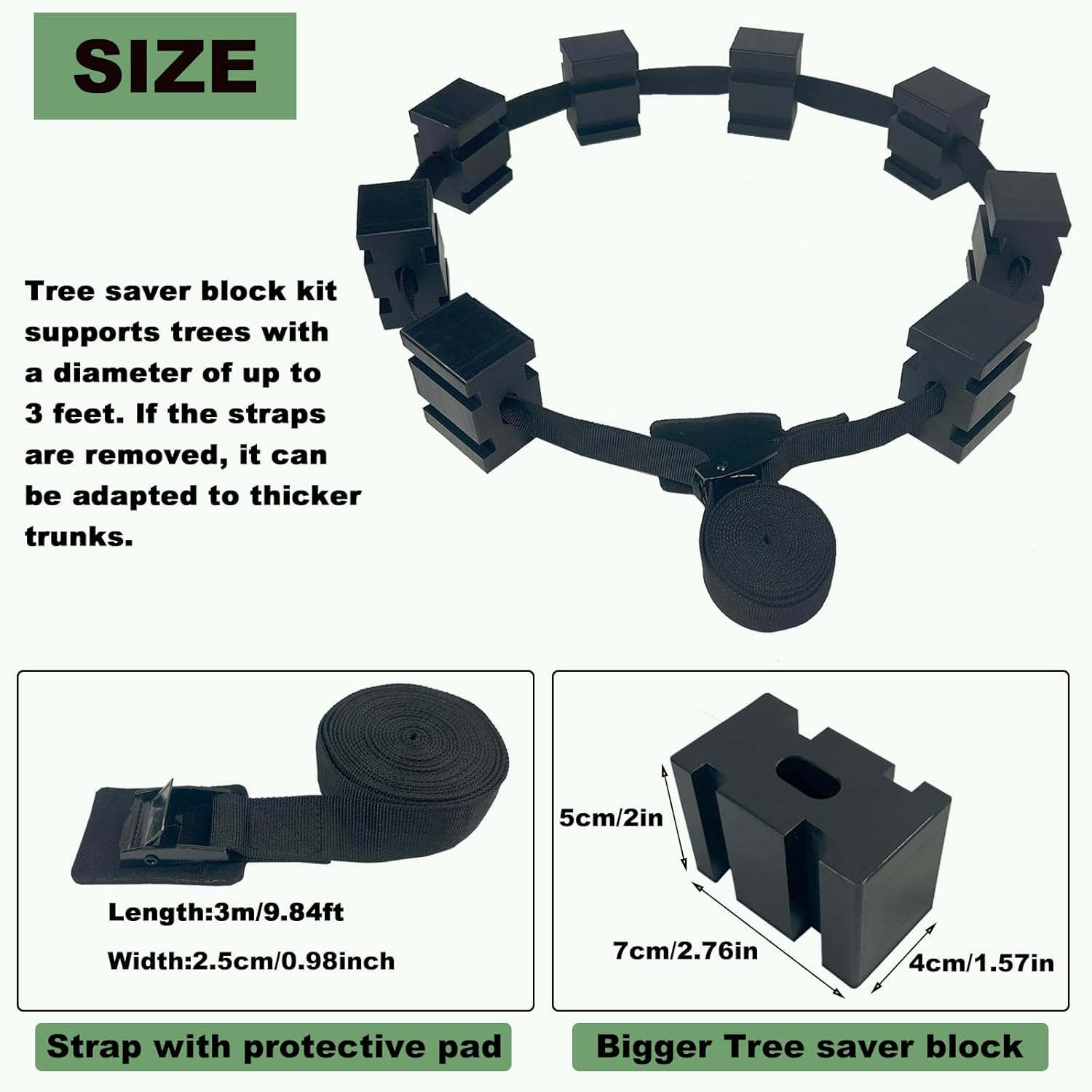 2 Set Tree Saver Block Kit for 2 Trees, 16 Heavy Duty Nylon Tree Saver Blocks and 2 Adjustable Straps, Prevent Tree Bark Damage from Zip Line Cables, Universal Fit for Trees Diameters Up to 3 Foot