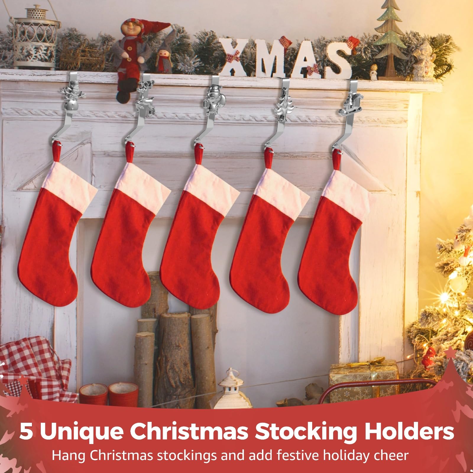 5 soportes para calcetines de Navidad para chimenea, ganchos de metal plateado con ciervos, muñeco de nieve, árbol, trineo, Papá Noel, ganchos resistentes para mantel, 16 x 9,9 cm