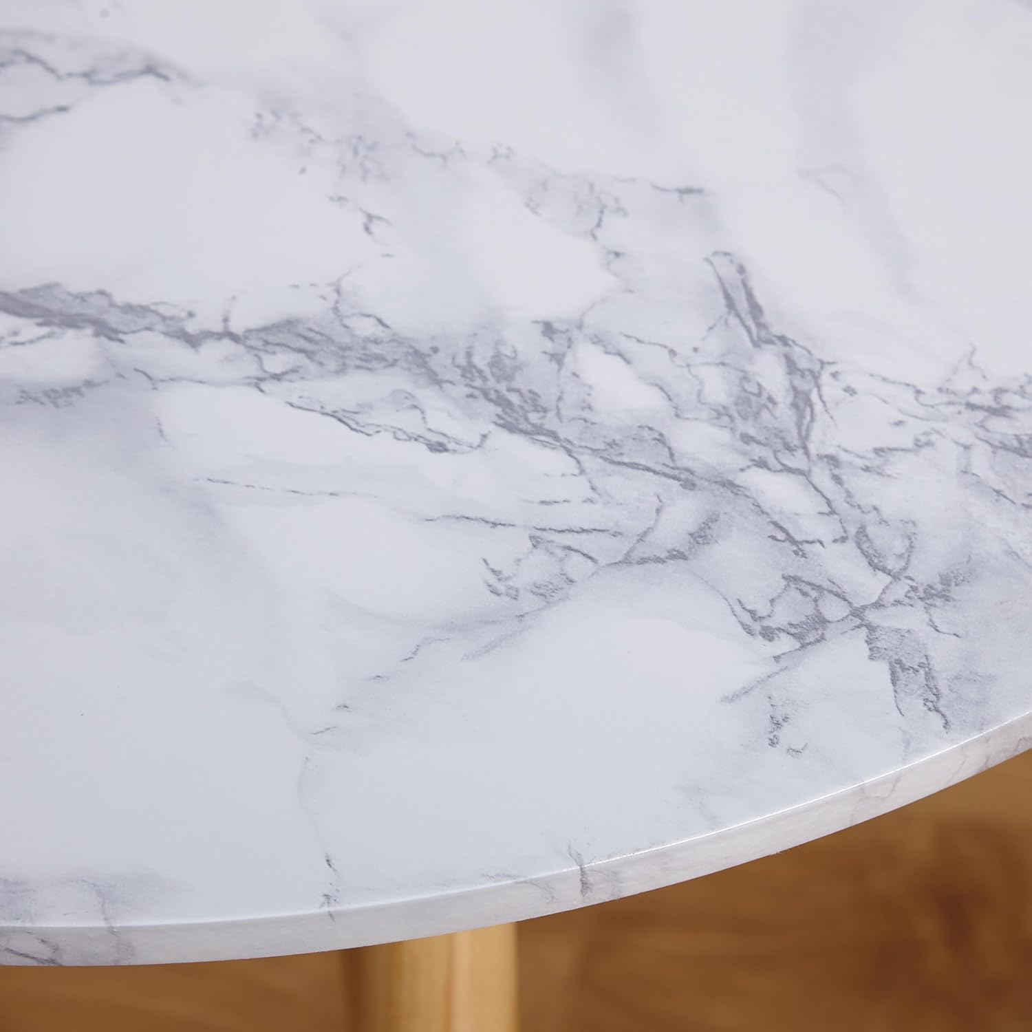 SilkWood Studio Darcy Round Coffee Table – Mid Century Modern Faux Marble Centerpiece for Living Room – White Finish Top with MDF Base – Compact Accent Furniture, Natural