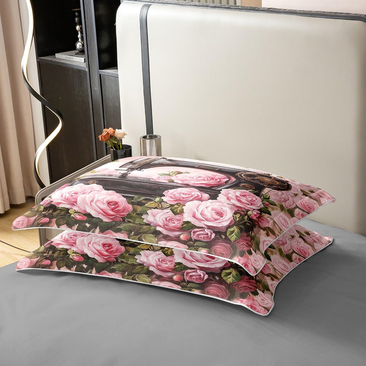 Juego de ropa de cama con diseño de máquina de coser 3D, hojas verdes, rosa, 100 % algodón, funda de edredón de 3 piezas para niños, niñas y mujeres, funda de edredón romántica retro, 2 fundas de