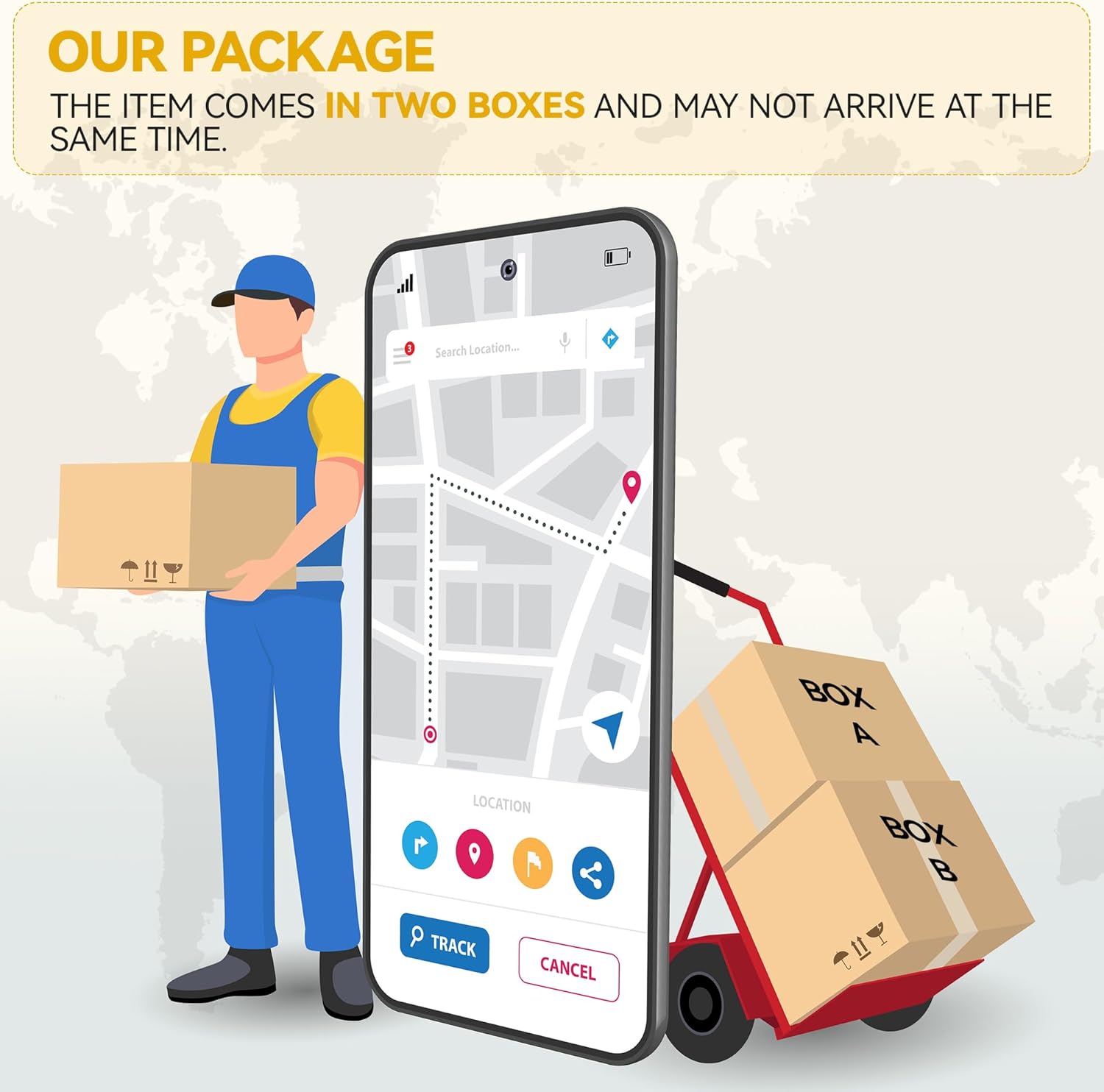 Illustration of two boxes being delivered for the vanity table