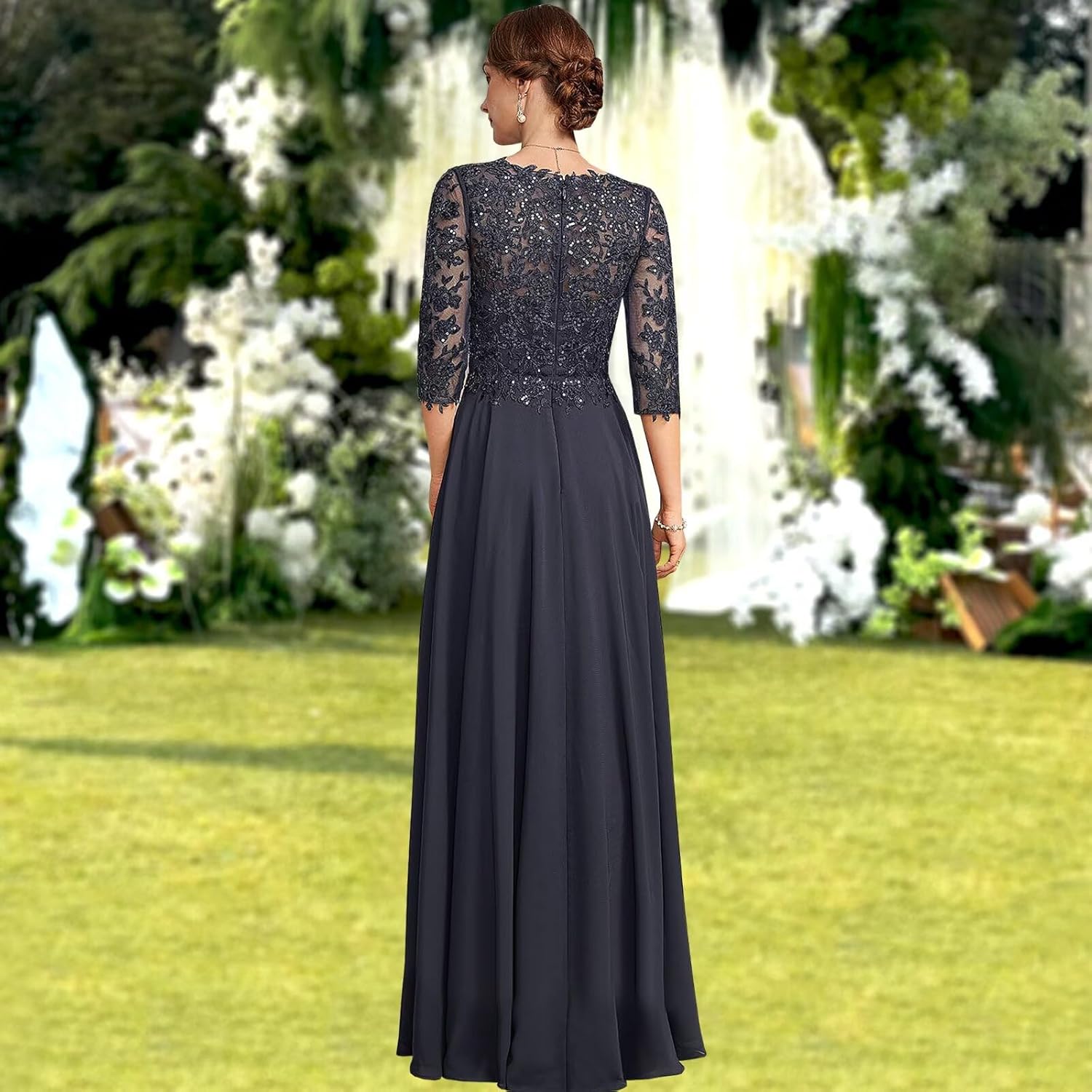 A line V Neck Floor Length Lace Chiffon Mother of The Bride Dress with Sequins Long Mother of The Groom Dresses - Image 2
