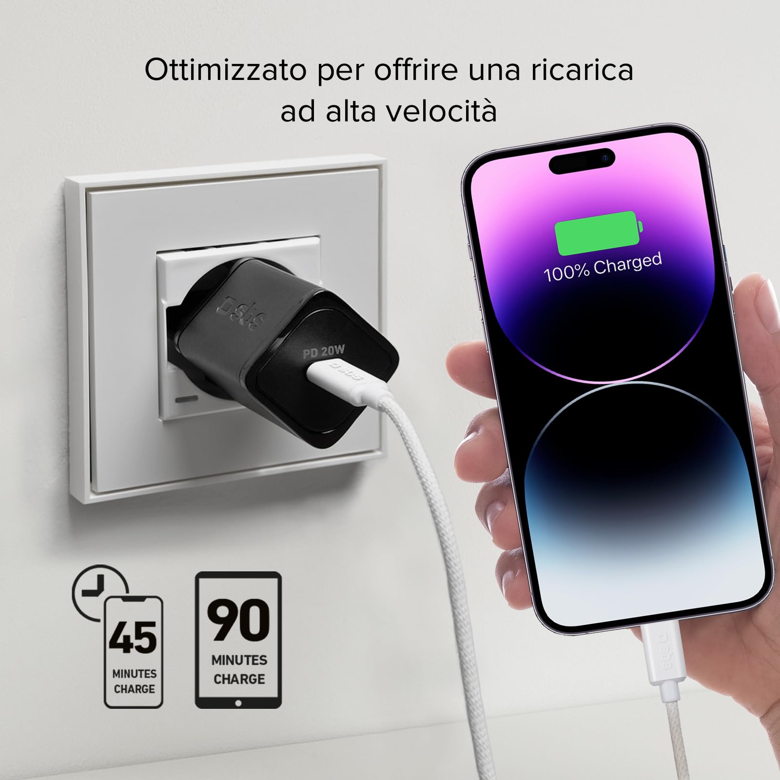 SBS Alimentatore Slim USB-C 20W, Tecnologia GaN, Power Delivery (PD), Ricarica Rapida, Super Compatto, Caricatore per iPhone, iPad, Airpods, Samsung, Pixel, Tablet, Smartphone, Nero