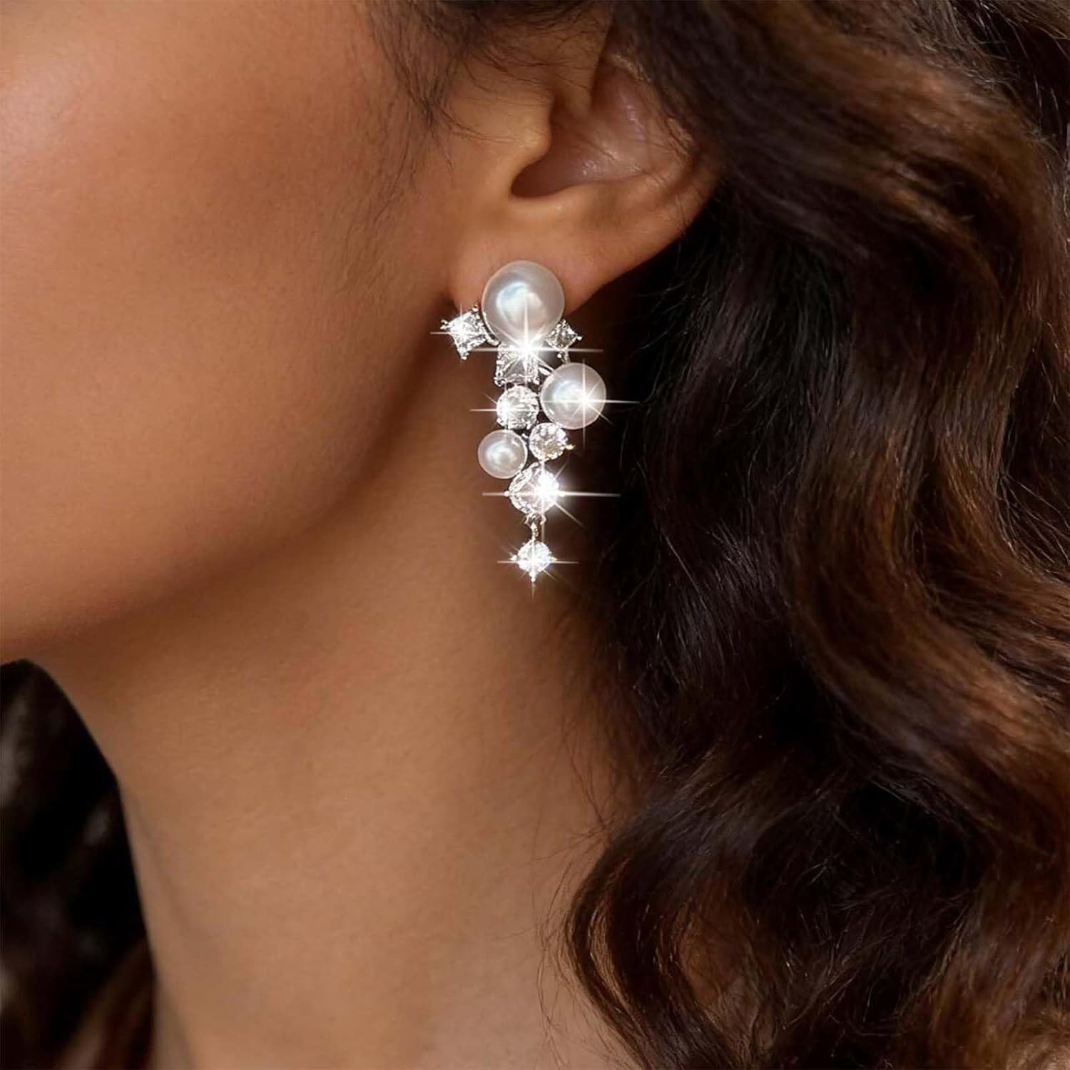 Cluster Pearl Crystal Earrings Multi Pearl Rhinestone Drop Earring Wedding Chandelier Earrings Pearls Stud Earrings Silver Cluster Cz Earrings Bridal Earrings Jewelry for Women - Image 2