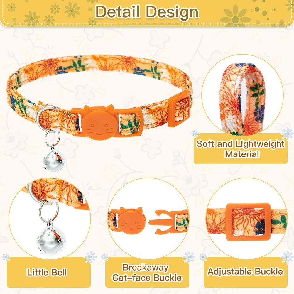 BINGPET Floral Breakaway Cat Collar with Bells, 2 Pack Adjustable Soft Pet Kitten Collars with Adorable Flower Patterns and Detachable Flower Accessories for Cats Kitties