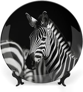Black & White Zebra Printed Pattern Ceramic Plate Dinner Plates Bone China Decorative Plates with Display Stand Art Ceramic Ornaments for Wall Hanging Decoration 7inch