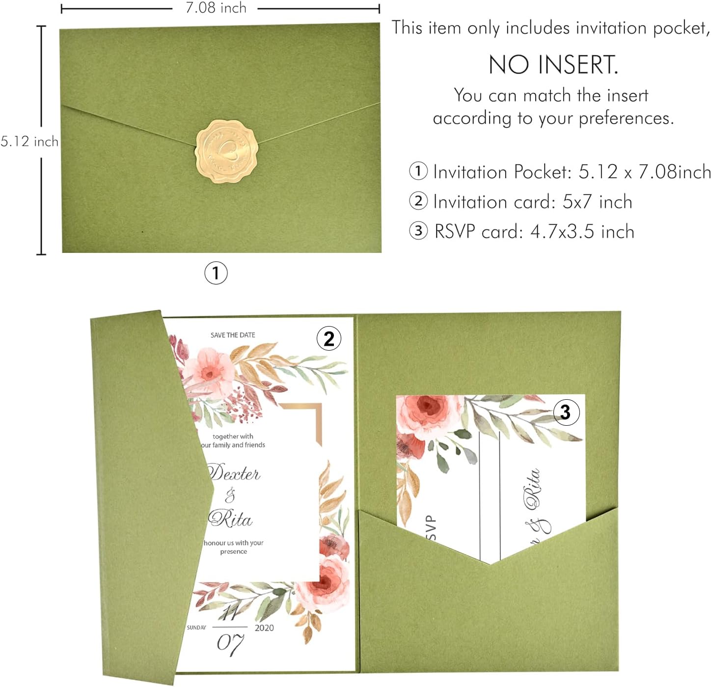 20Pcs 5x7 inch Tri-fold Wedding Invitation Cards for Quinceanera Bridal Shower Baby Shower Party Invite (Olive Green)