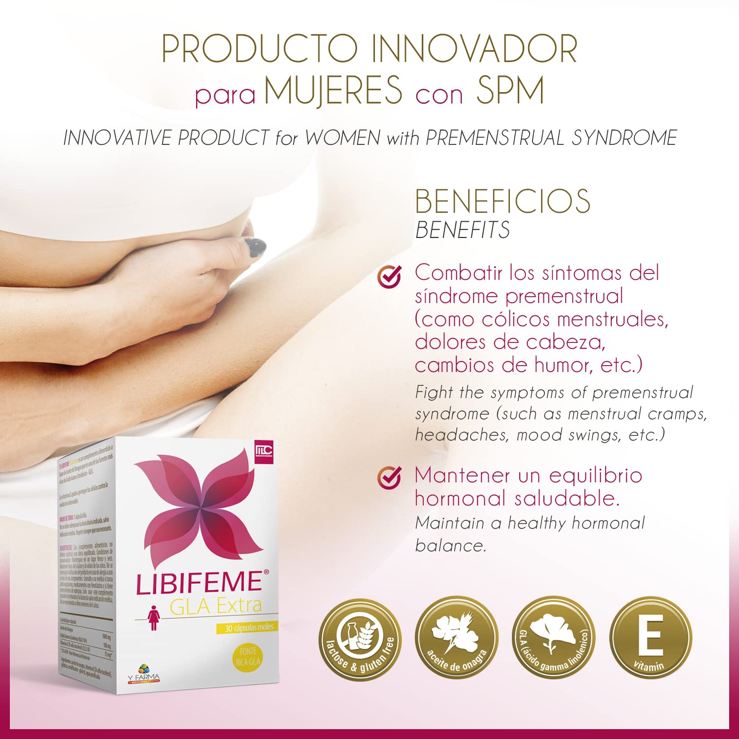 Libifeme Gla Extra - Reduce los Sintomas del Sindrome Premenstrual - Calambres Abdominales Dolor de Cabeza Tensión en Senos Ansiedad e Irritabilidad - Aceite de y Vitamina E, Onagra, 30 Pastillas