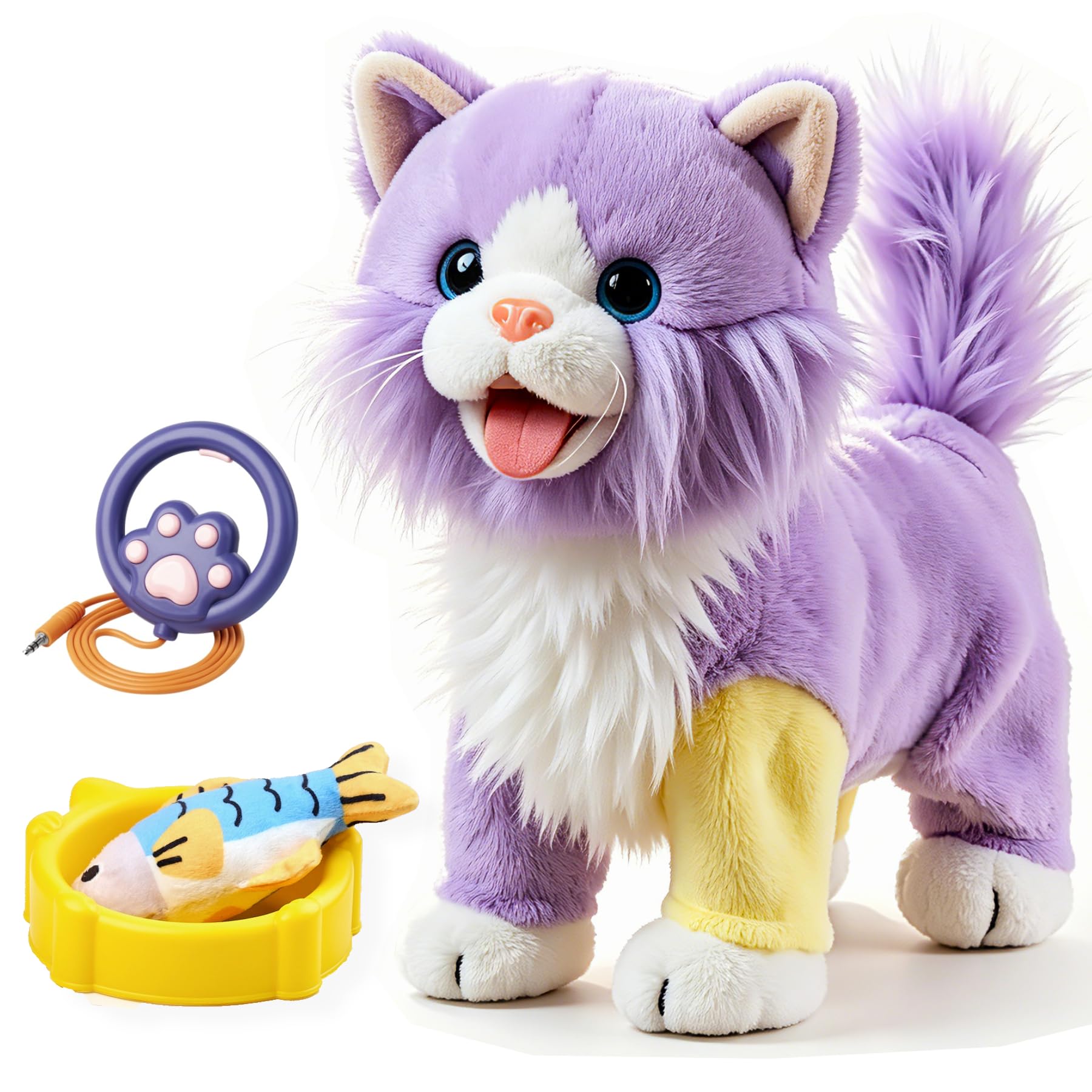 OR OR TU Giocattolo Gatto che Cammina e Miagola per Bambini, Gatto di Peluche Elettronico con Telecomando, Miagola, Muove la Coda e Tira Fuori la Lingua, Gatto Domestico Elettronico Interattivo