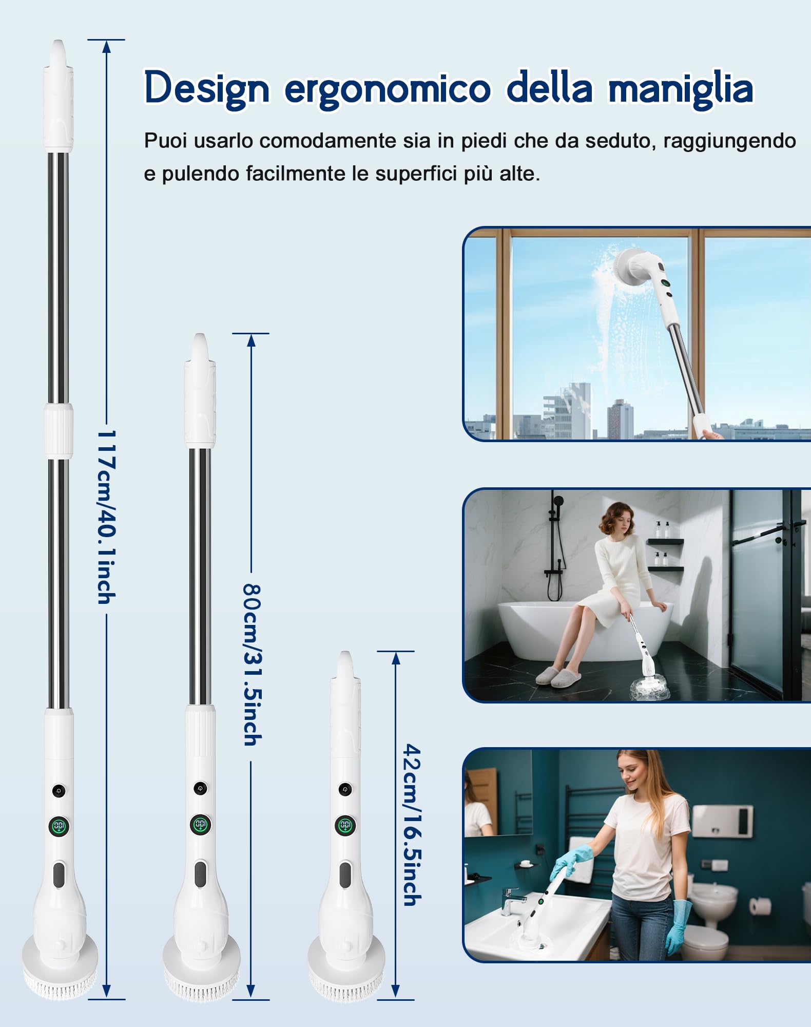 Spazzola Elettrica Rotante, Spazzola Elettrica Rotante con 4 Testine, 350 Giri/min 2 Velocità, Impermeabile IPX7, Display Digitale Batteria, Spazzola Telescopica per Pulizia Casa Bagno Cucina
