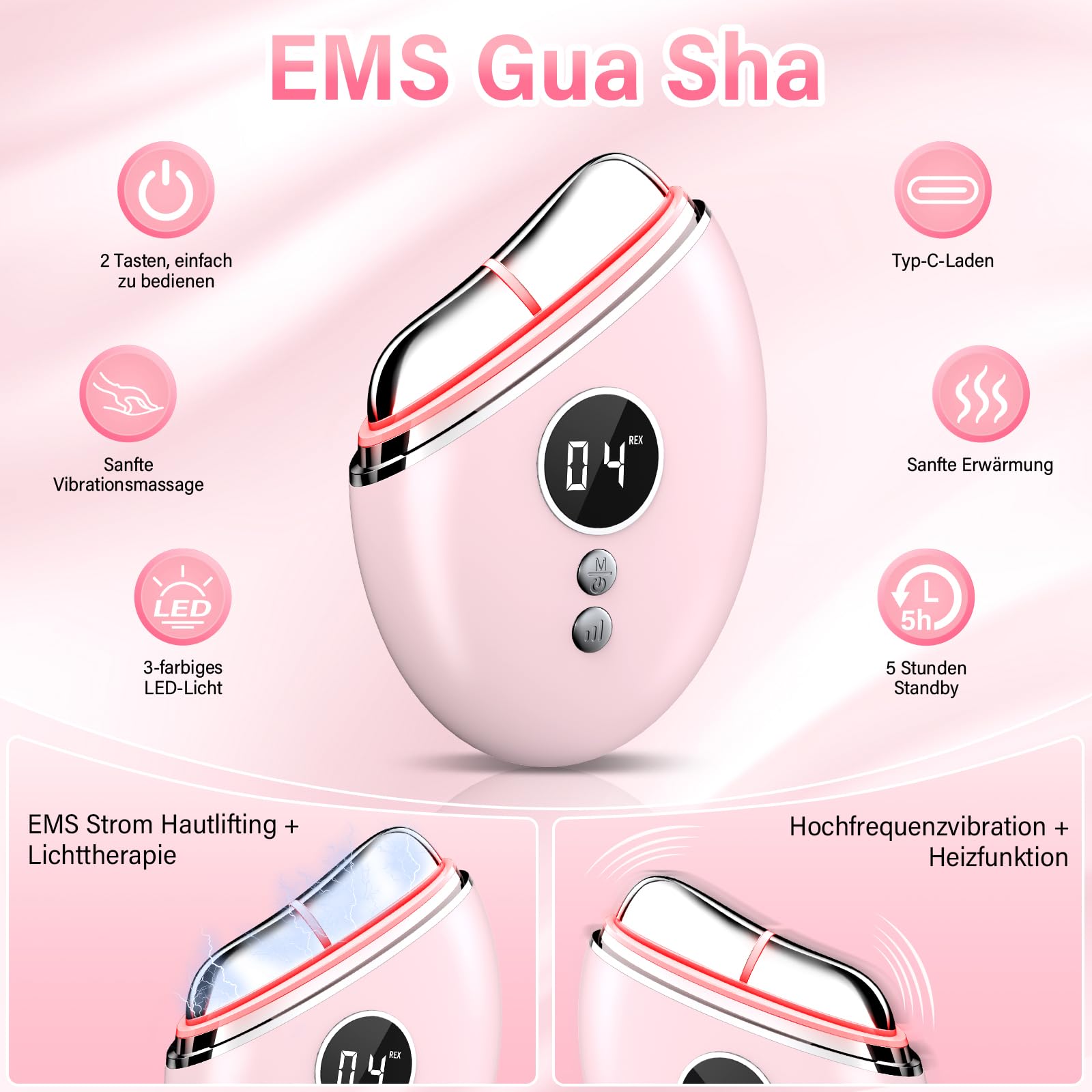 EMS Gua Sha, Gesichtsmassagegerät Gua Sha Elektrisch mit Smart 3 Modi Anti-Falten Schönheit Gerät, EMS Gesichtsmassage mit Vibration & Wärme für Gesichtsstraffung, Anti Falten Anti Aging - 2