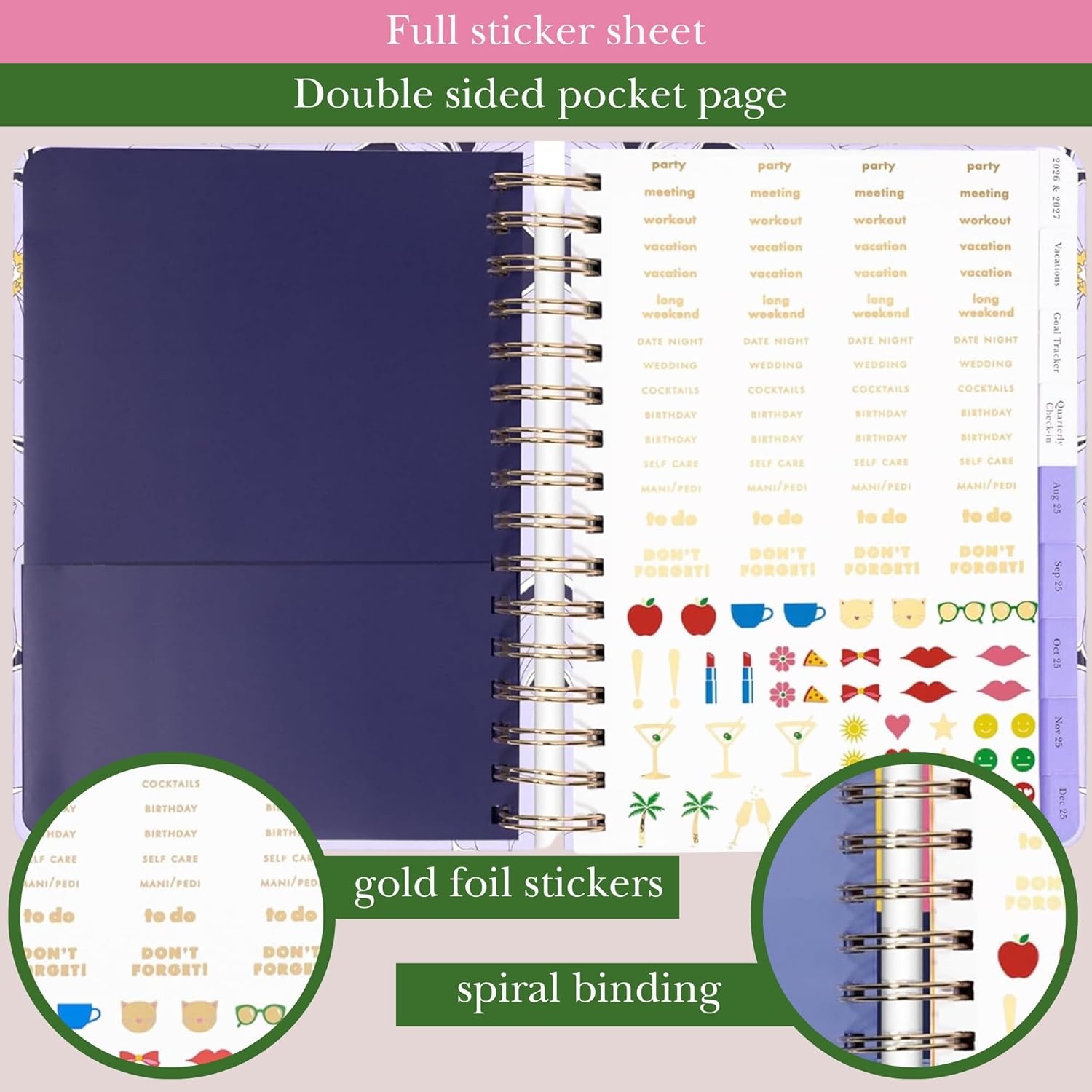 kate spade new york Daily Planner 2025-2026 Large Agenda August 2025-December 2026, Hardcover Weekly and Monthly Spiral Planner with Stickers (Coastal Garden) - Image 4