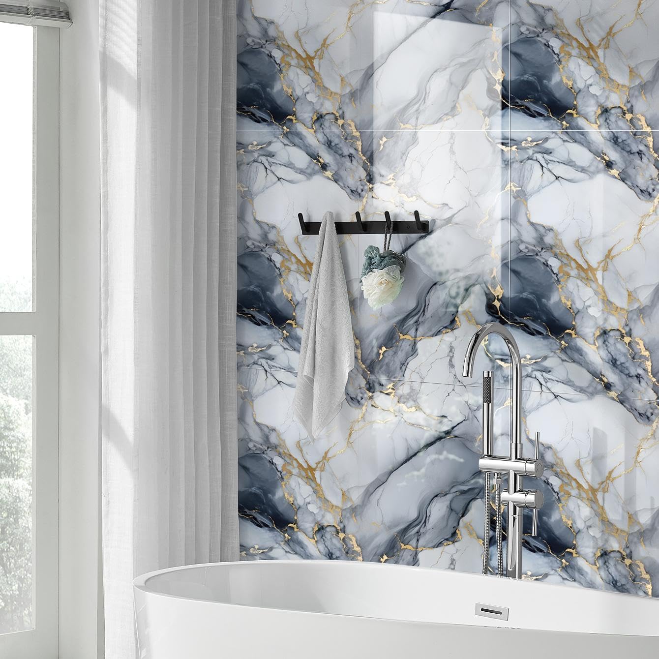22pcs marble peel and stick waterproof wall panels,heat-resistant backsplash tile, 23.6"x11.8" pvc foam wall sticker for kitchen,living rooms,tv walls,blue and gold(not real tile 42.6sq. ft.) blue marble tiles 23.6" x 11.8" x 2.5mm x 22pack