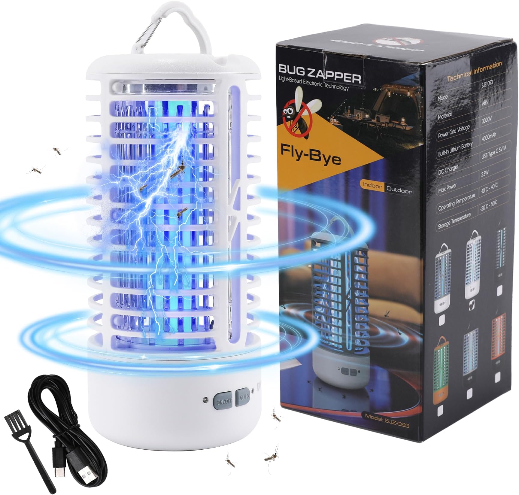 2025 Upgraded Rechargeable Bug Zapper Indoor Outdoor, 3000V Electric Mosquito Zapper 2 in 1 Portable & Wireless with 4000mAh Battery & UV Light, IPX4 Waterproof, for Patio, Backyard, Home(White)