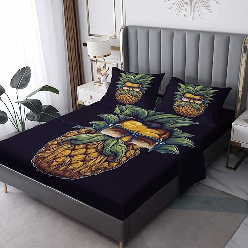 Juego de sábanas de piña tamaño Queen, sábanas de frutas tropicales, sábanas y fundas de almohada estampadas de 4 piezas, sábana bajera ajustable de