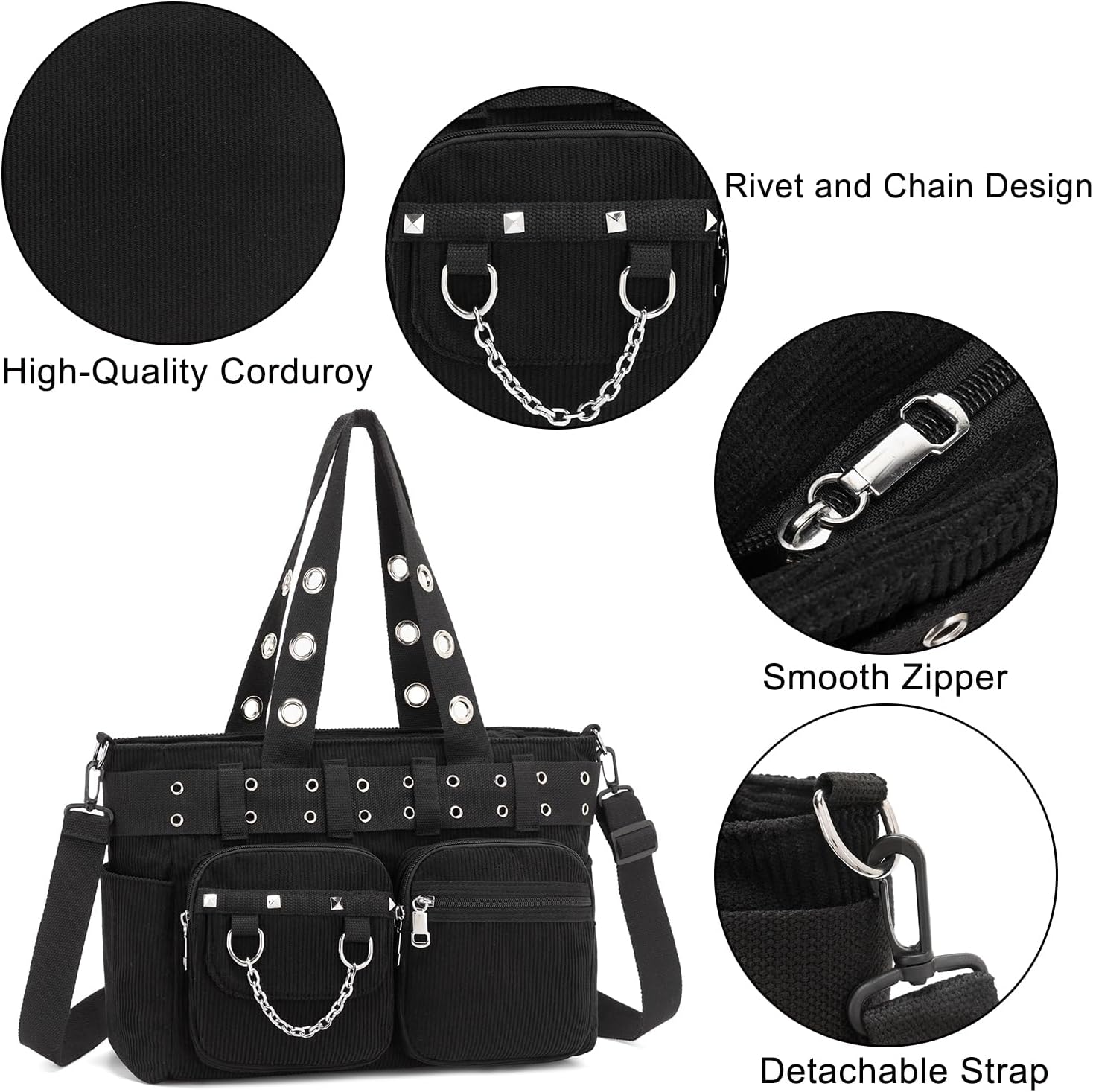 Tote Bag for Women, Corduroy Gothic Purse Goth Bag with Zipper for College, Work, Travel, Gym - Image 6