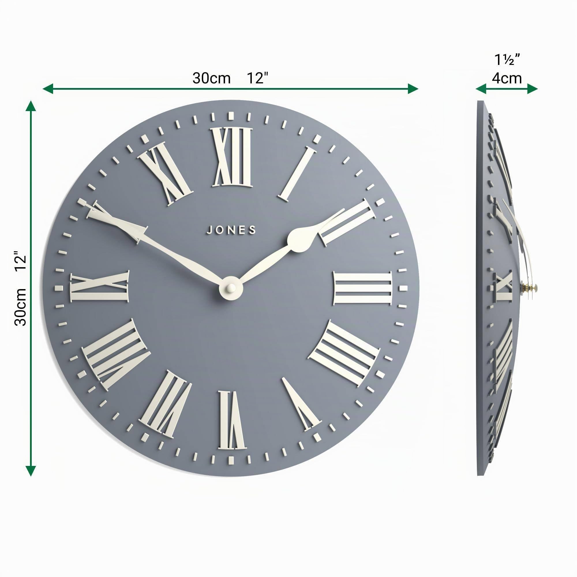 JONES CLOCKS® Strand Reloj de Pared | Reloj Convexo clásico Moderno | 30cm | Armada Francesa | Números Romanos | Ideal para la Cocina, el salón, la Oficina o el Dormitorio