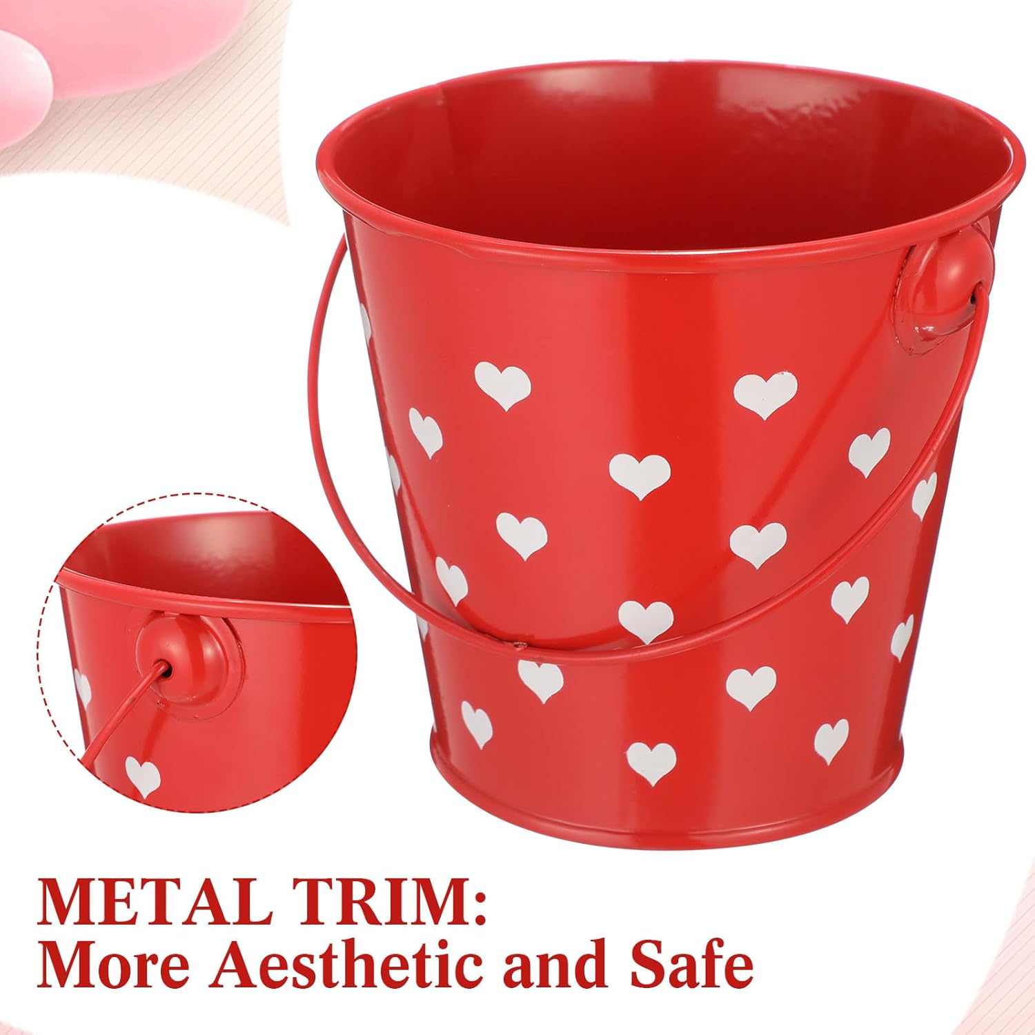 meekoo 12 Pcs Valentine Day Mini Buckets with Handle 4" Red Metal Heart Bucket Small Sand Pails Valentines Party Favor Candies Crayon Pencil Gift Holder for Valentines School Party Favor