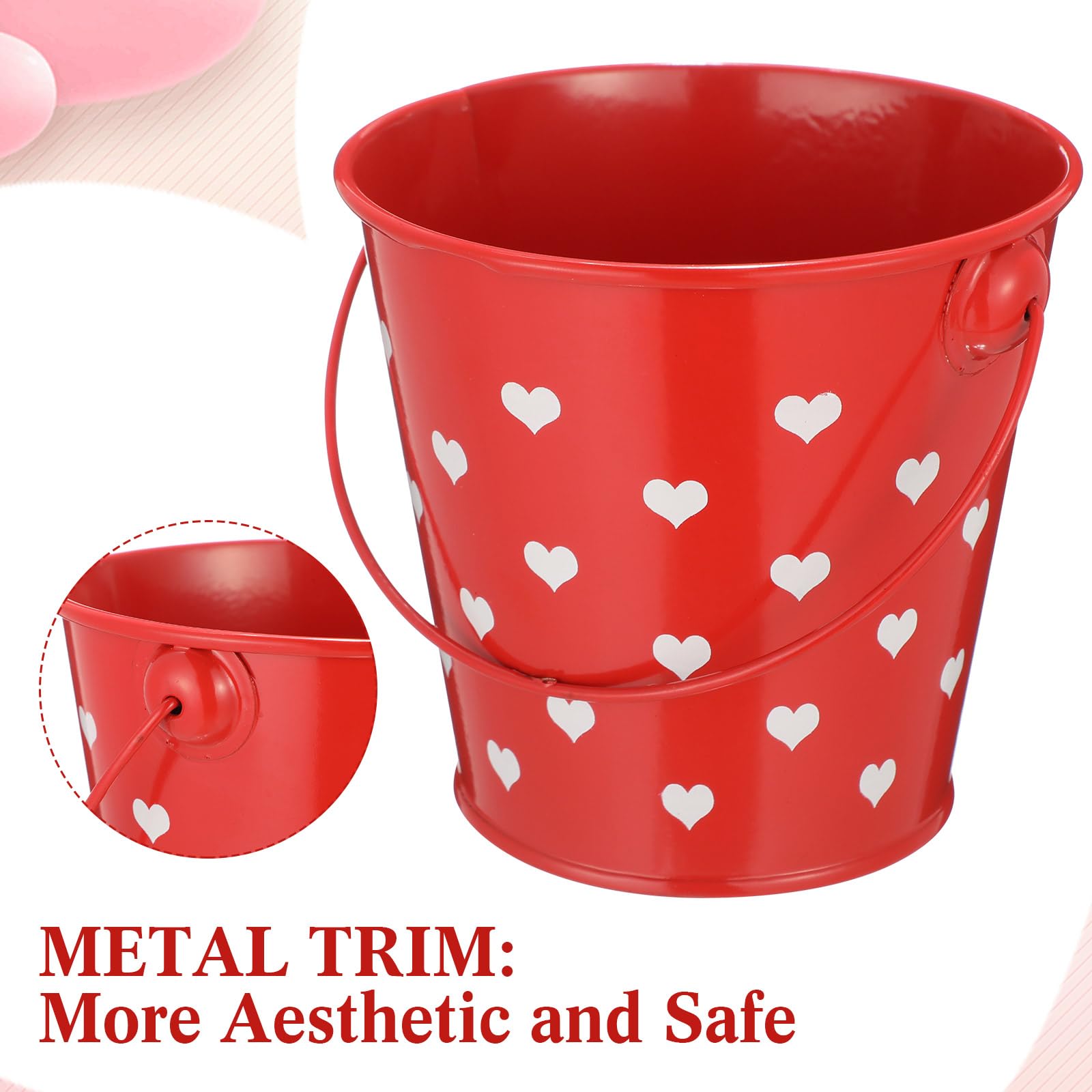 Cubos pequeños de regalo para el día de San Valentín con asa, 4 cubos de arena de metal rojo para fiesta de San Valentín, dulces, chocolate, regalo para fiesta del día de San Valentín (6 3