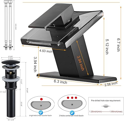 Miniatura 3 de Grifo negro para baño, caño de vidrio LED con cascada con tapón de drenaje de desbordamiento, mango único, montaje en cubierta de un agujero, diseño