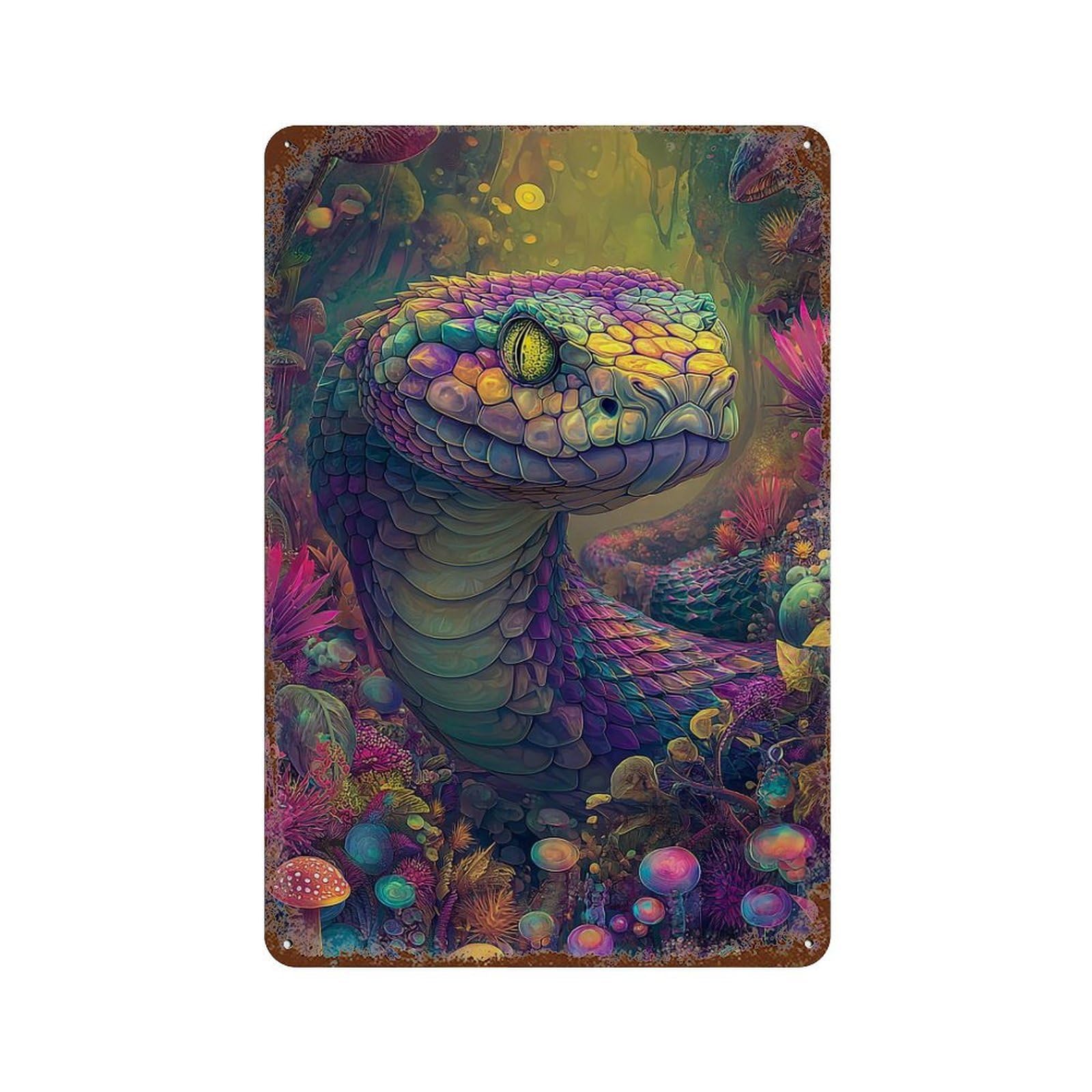 Colorful Snake in Fantasy Forest 11.8"x7.9" Weathered Tin Sign, Shabby Chic Decor for Cafe, Home Bar And Lounge Decor