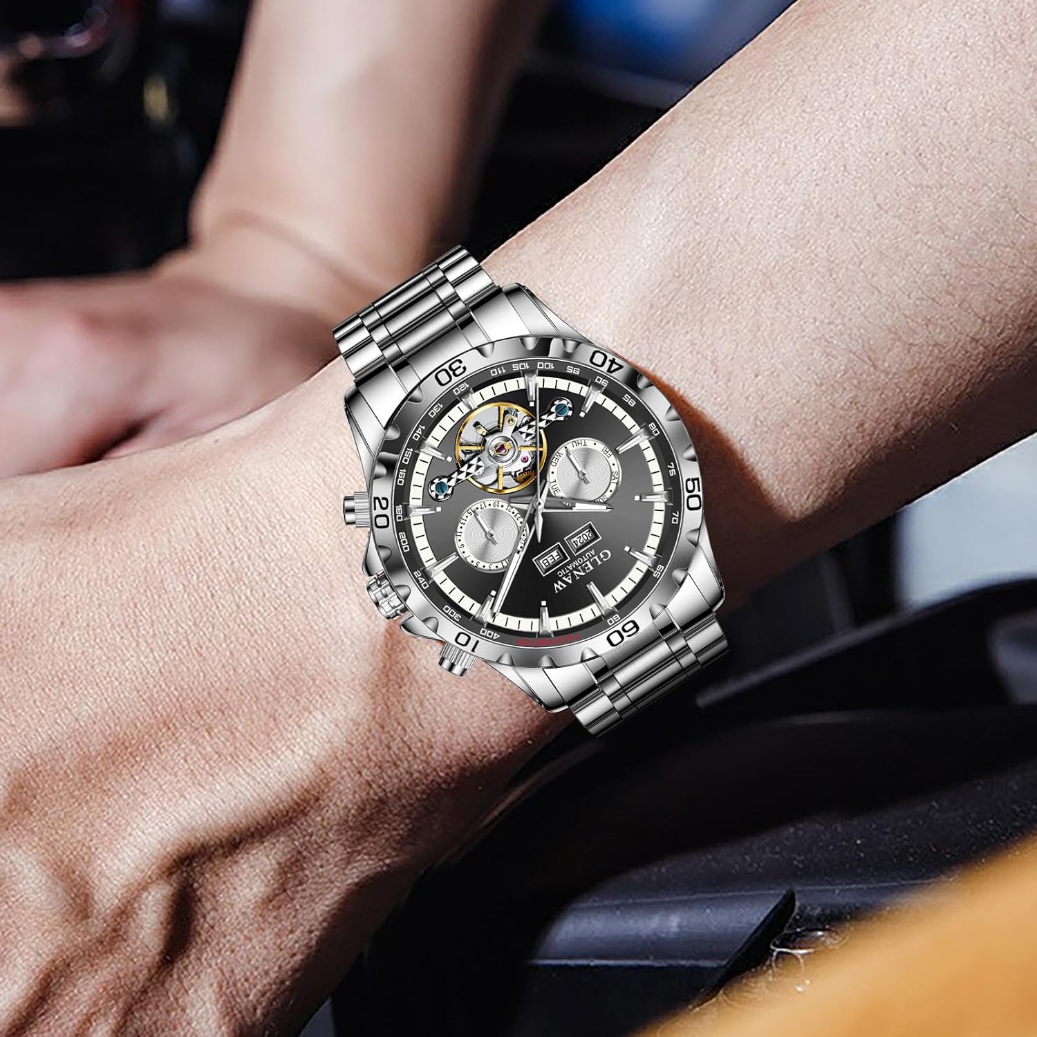 Mens Automatic Mechanical Watches Skeleton Tourbillon Day Date Luxury Self Winding Dress Wrist Watches Luminous - Image 3