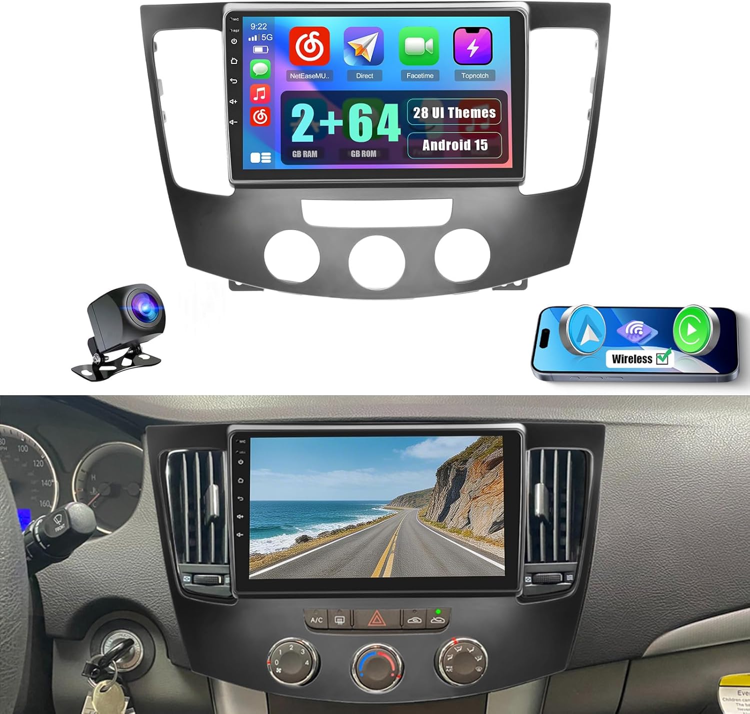 2+64G Stereo for Hyundai Sonata Manual A/C 2009 2010 CarPlay Car Radio Android 15 9" Touchscreen Android Auto Backup Camera GPS EQ 28UI