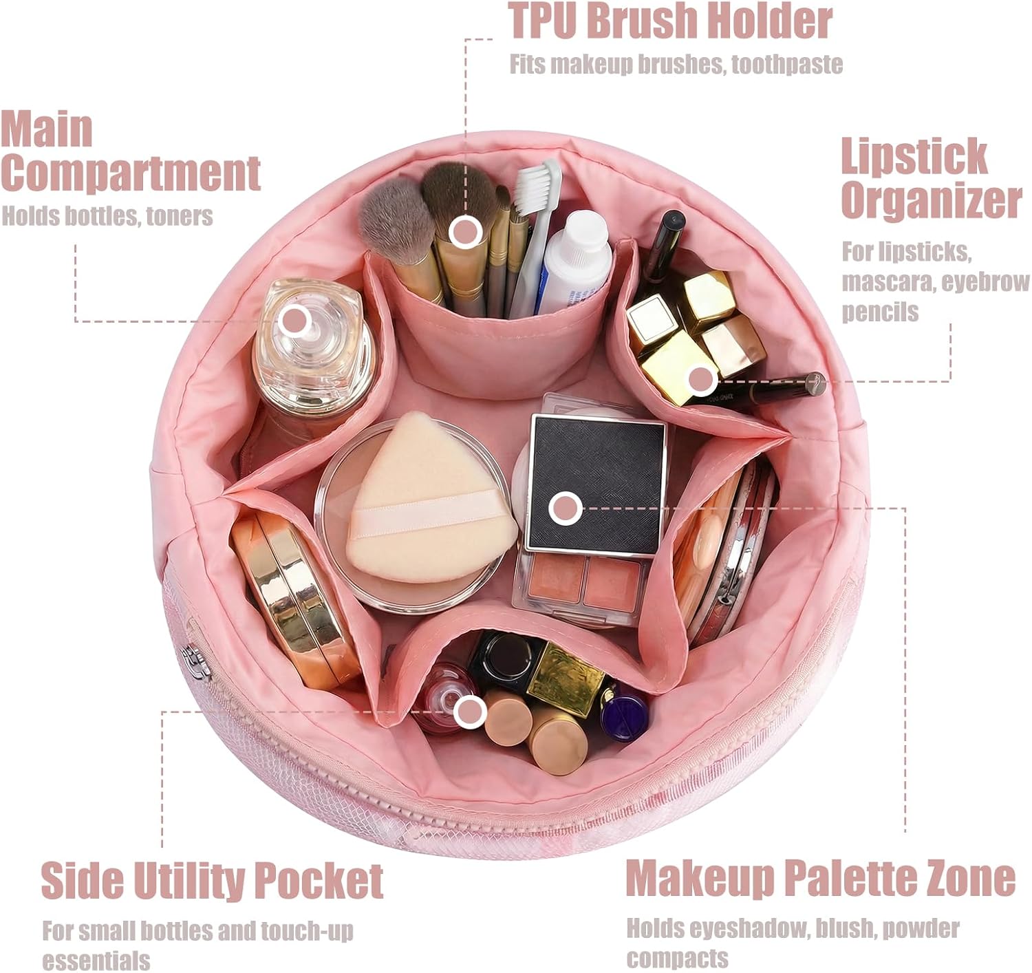 Vavabox Barrel Drawstring Makeup Bag Organizer - Large Travel Toiletry Bag with Zipper Compartments, Luxury Quilted Cosmetic Case for Women | Portable Vanity for Vacation, Work, Gift (Pink)