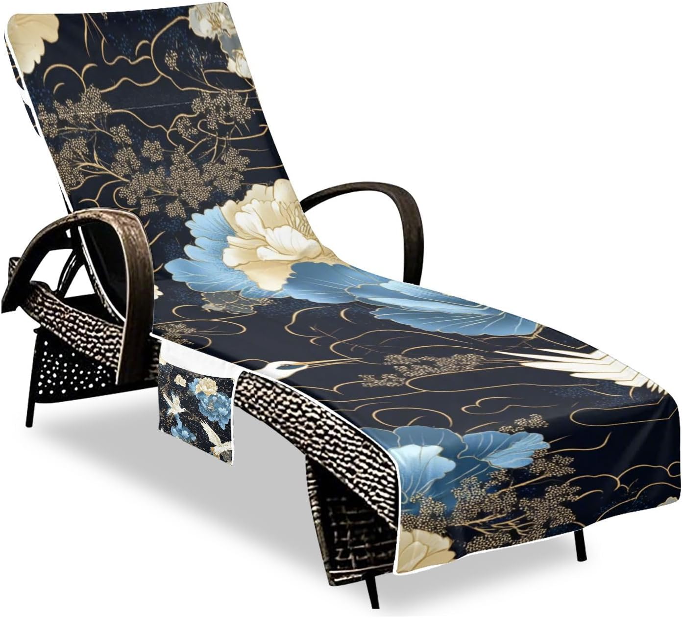 Blue and White Vintage Crane Flowers Patio Chaise Lounge Chair Cover Waterproof Outdoor Seating Covers Towels with Pockets for Pool Beach Sunbathing, 85" X 30"