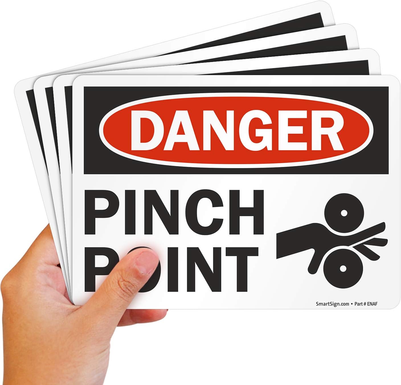 SmartSign (Pack of 4) 5 x7 inch “Danger - Pinch Point” OSHA Sticker Labels with Symbol, 5 mil Laminated Polyester with SuperStick Adhesive, Red, Black and White, Made in USA