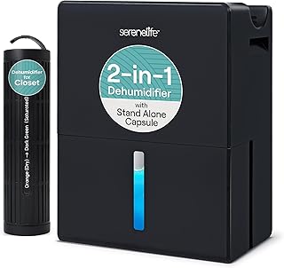 SereneLife 2-in-1 91 Oz Dehumidifier For Home, Bedroom, Bathroom, Basement with Removable Cylinder & Drying Base, Timer, Sleep Mode, & Smart Humidity Control, Covers 1200 Sq Ft 9 x 6 x 13 in, Black