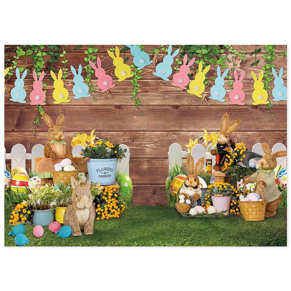 CGXINS Spring Easter Rustic Themed Photo Background Decor Banner Plush Rabbit Toy Baby Shower Photography Backdrop Wooden Floor White Fence Flowers Rabbit Flags Party Supplies 7x5ft