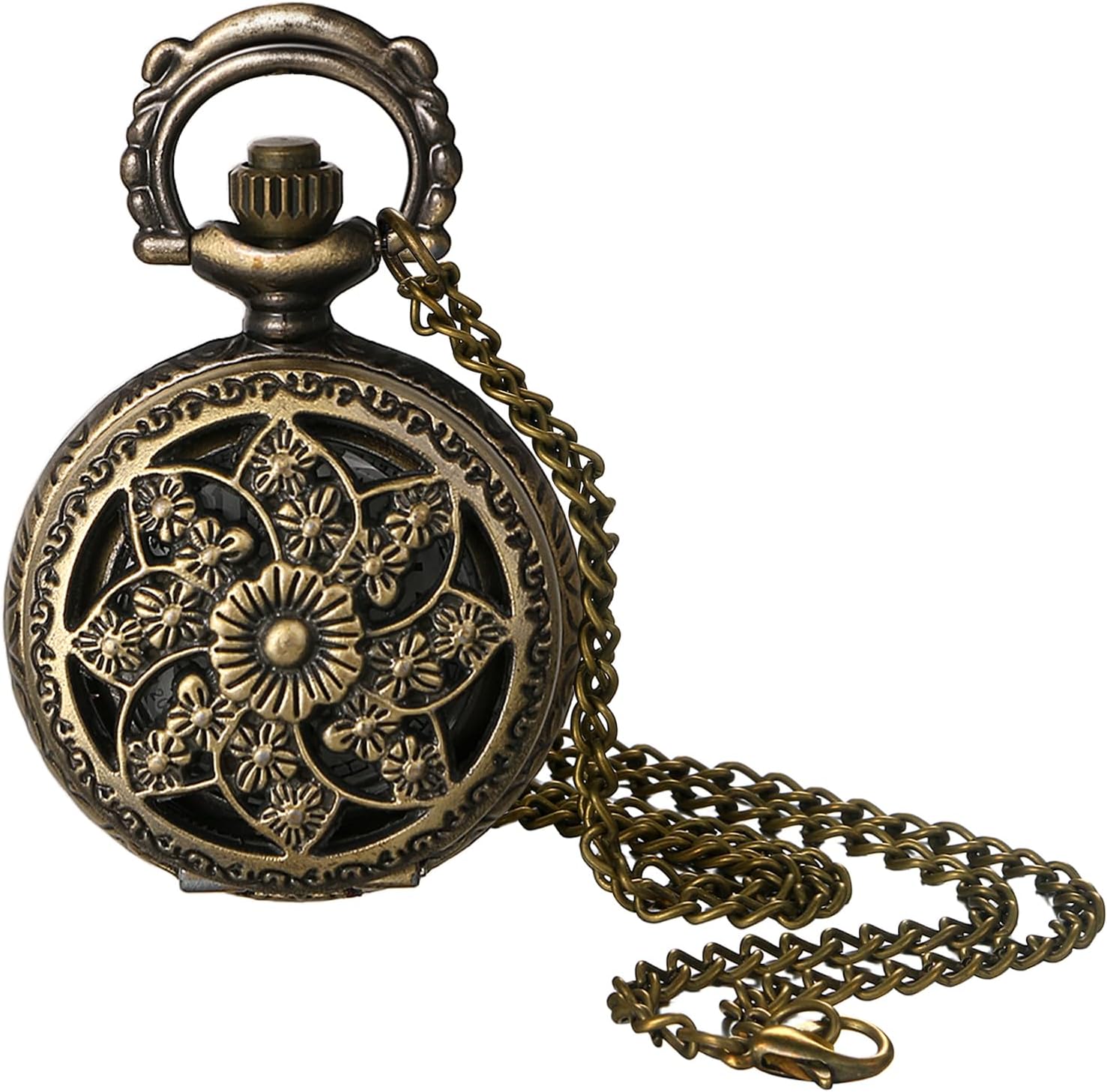 JewelryWe Women’s Vintage Pocket Watch – Small Skeleton Hollow Floral Pendant Necklace Quartz Analog Fob Watches with 30.7 Inch Chain
