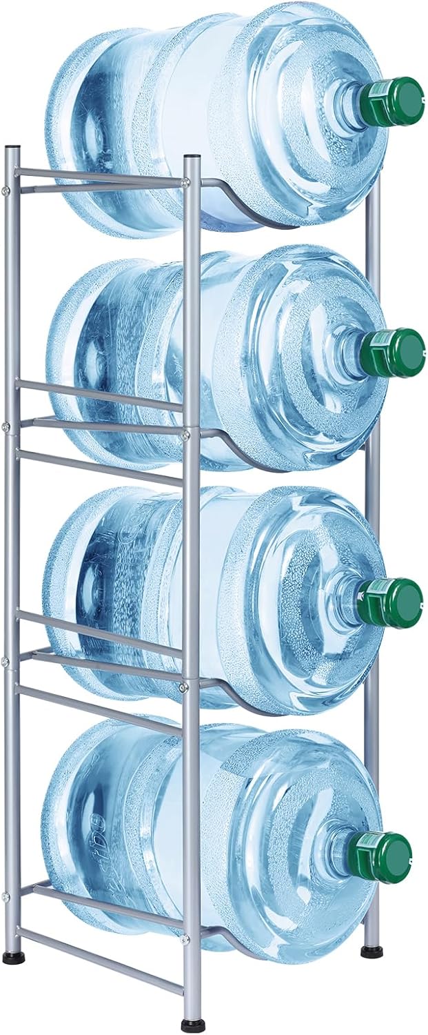 SEHERTIWY 5 Gallon Water Jug Holder, 4-Tier Heavy Duty Bottle Holder Storage Rack for Home, Office, Save Space (SILVER)