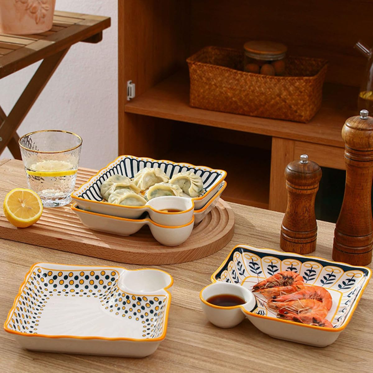 VANZACK Keramik Saucenschale mit Geteiltem Fach Multifunktionaler Teller für Knödel und Frühstück Delikates Design und Praktische Trennung für Essensvielfalt
