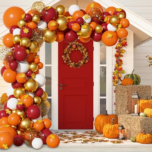Miniatura 5 de Kit de arco de guirnalda de globos de otoño, globos de confeti naranja, dorado, burdeos, blanco, con guirnalda de hojas de arce artificiales para