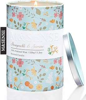 M&SENSE Honeysuckle Jasmine Scented Candle, Medium Jar Candle 11.3oz Natural Soy Wax for Home Scented, Floral Candles Gift for Spring Holiday, Up to 70 Hours Burning Long-Lasting Fragrance